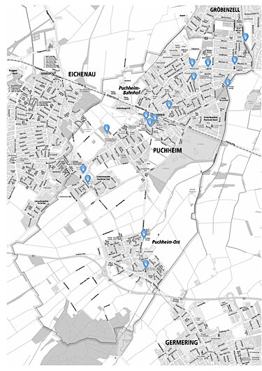 Stadtplan von Puchheim mit Pins bei den Kühlen Orten Stadtplan von Puchheim mit Pins bei den Kühlen Orten